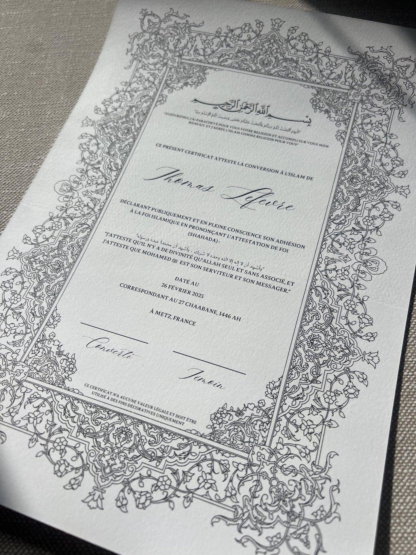 Certificat de conversion islamique "SAMAH"