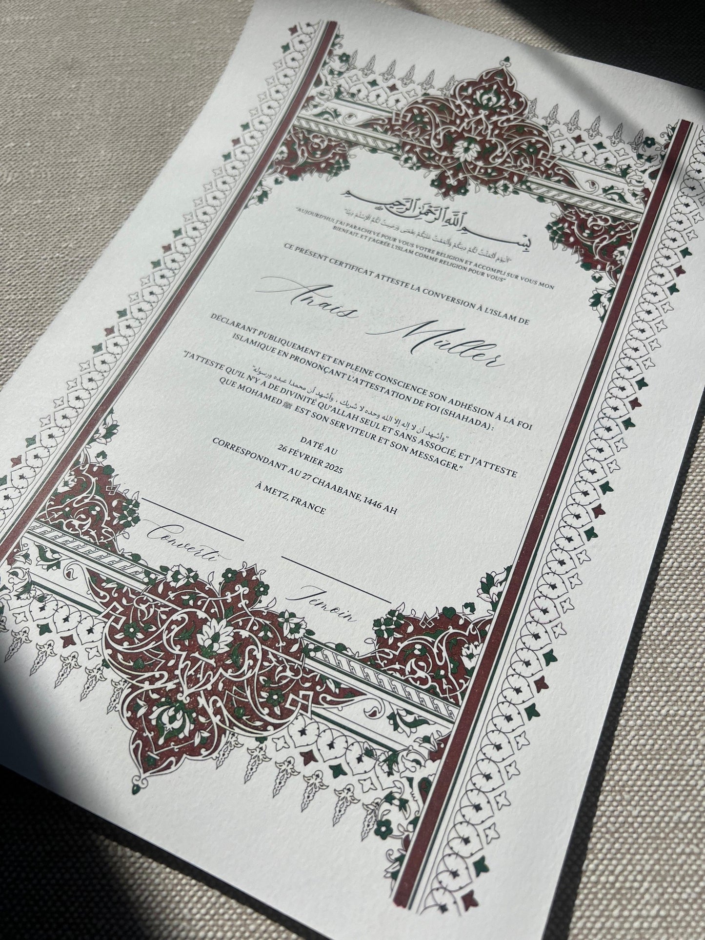 Certificat de conversion islamique "VERSAILLES"