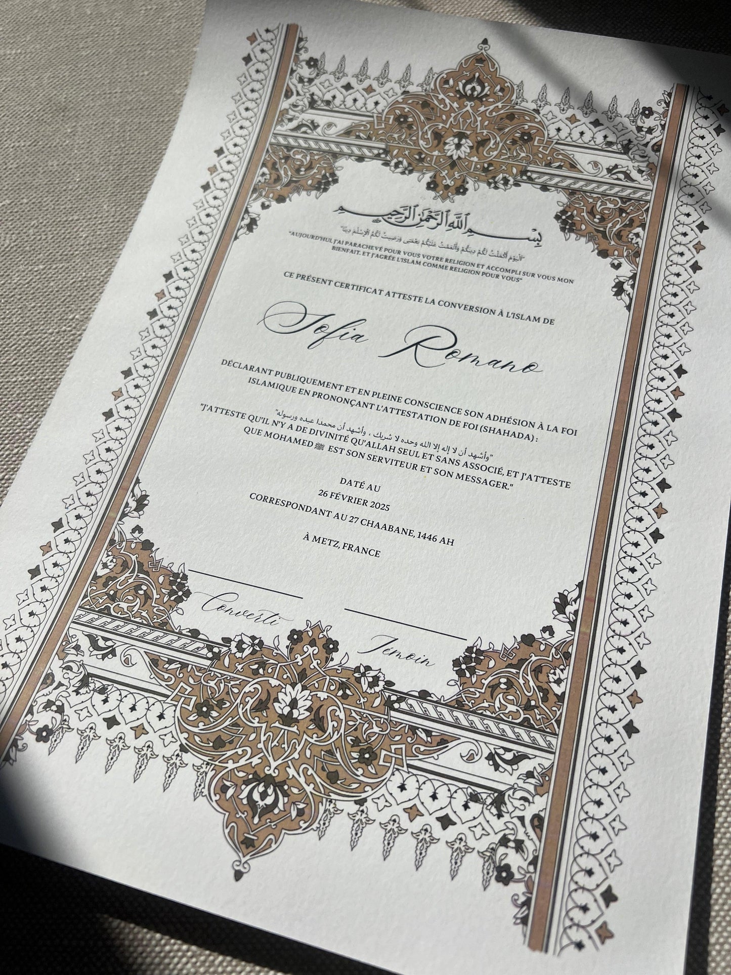 Certificat de conversion islamique "VERSAILLES"