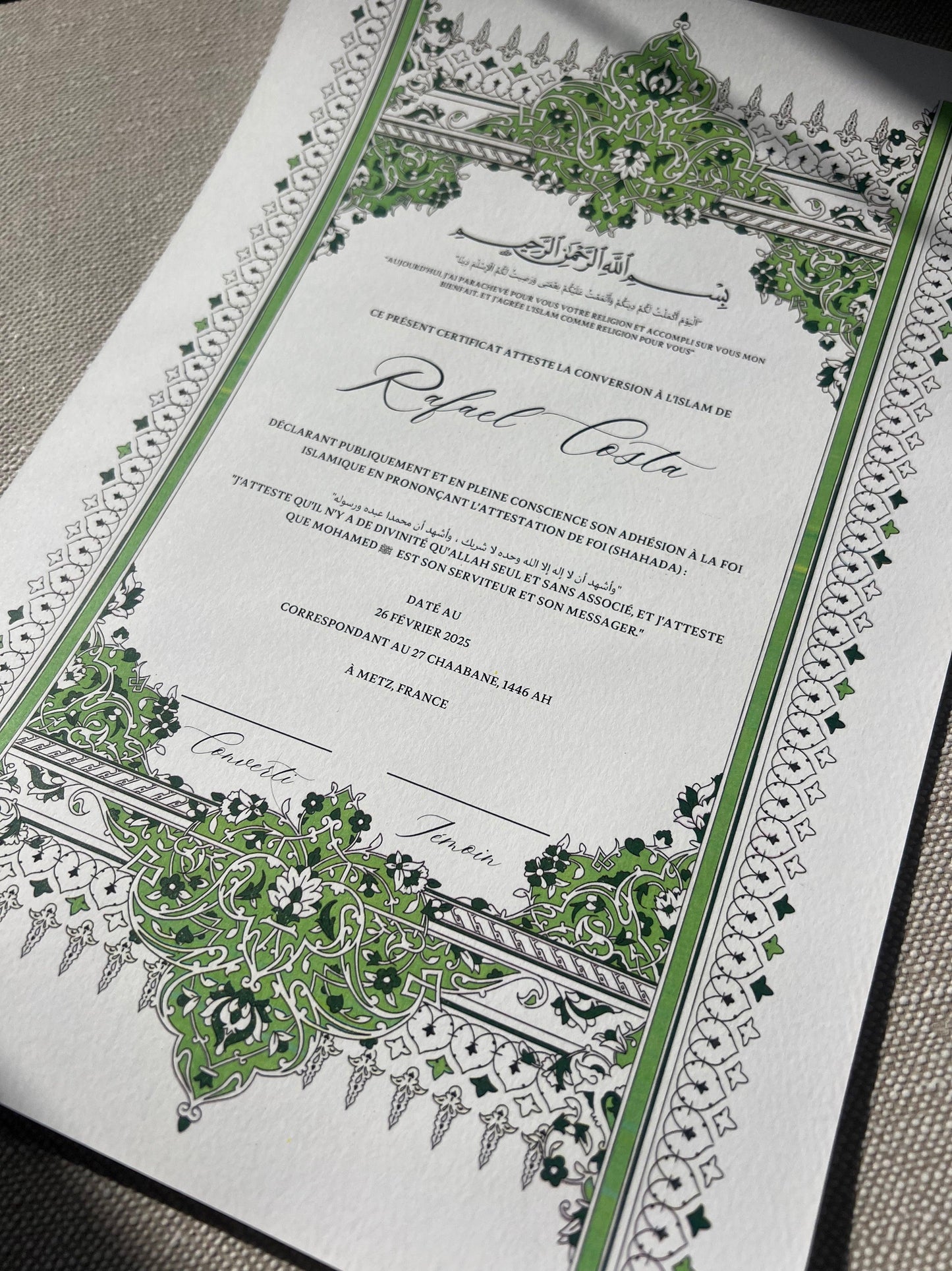 Certificat de conversion islamique "VERSAILLES"