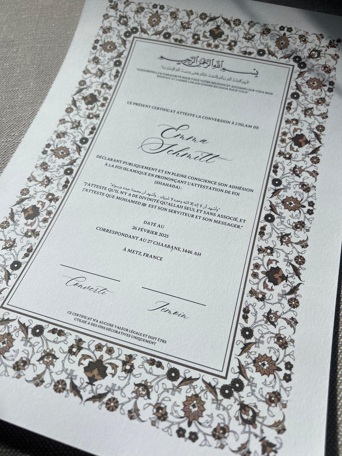 Certificat de conversion islamique "ZENITH"