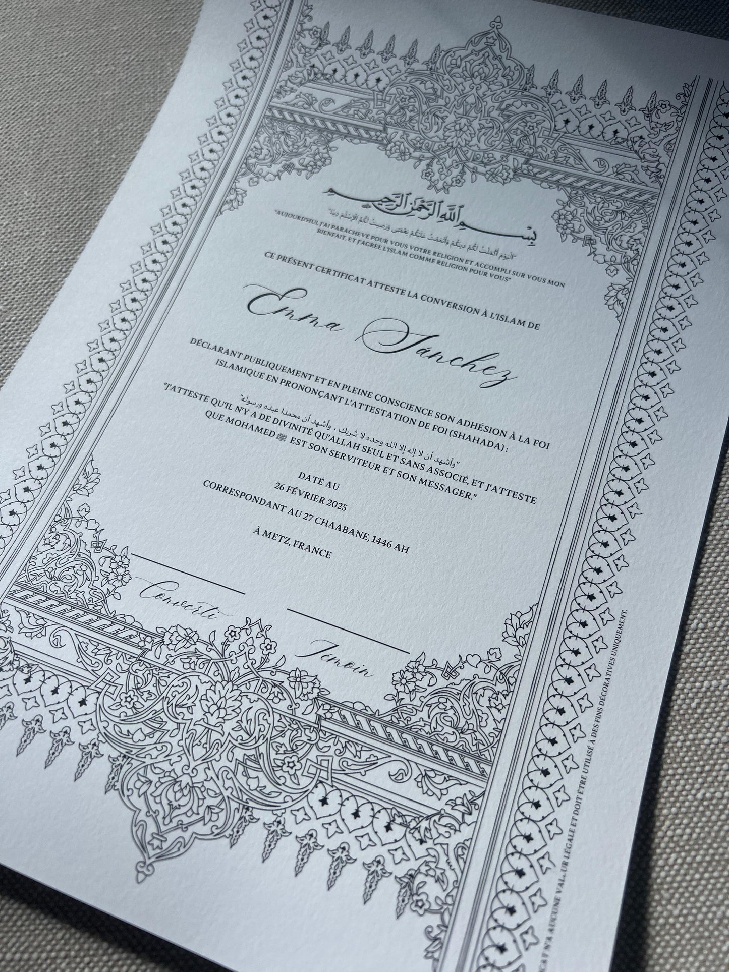 Certificat de conversion islamique "VERSAILLES"