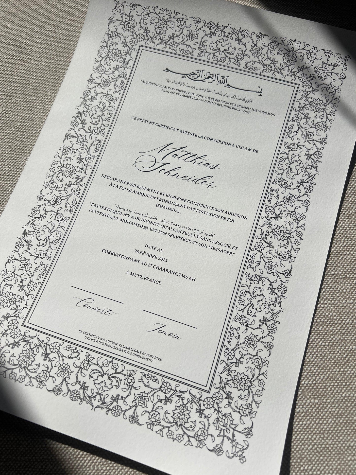 Certificat de conversion islamique "ZENITH"