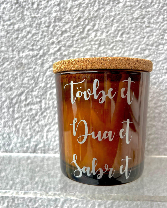 Bougie avec couvercle en liège - moyen format - Marron "Dua et, Sabr et"